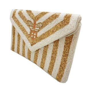 Gold & White Stripe Beaded Bee Clutch